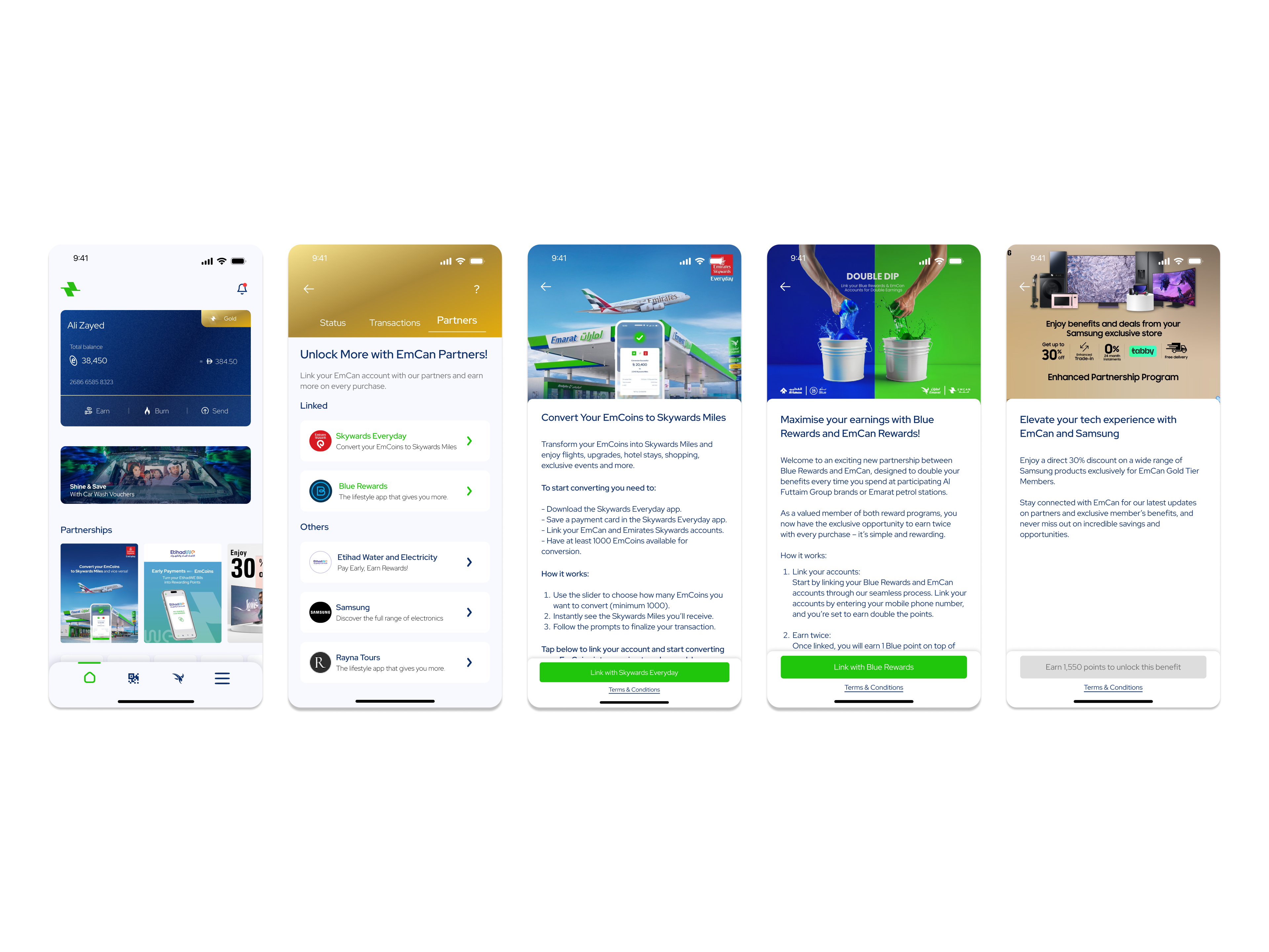 Linked loyalty accounts — partner cards, combined balances, and connection management
