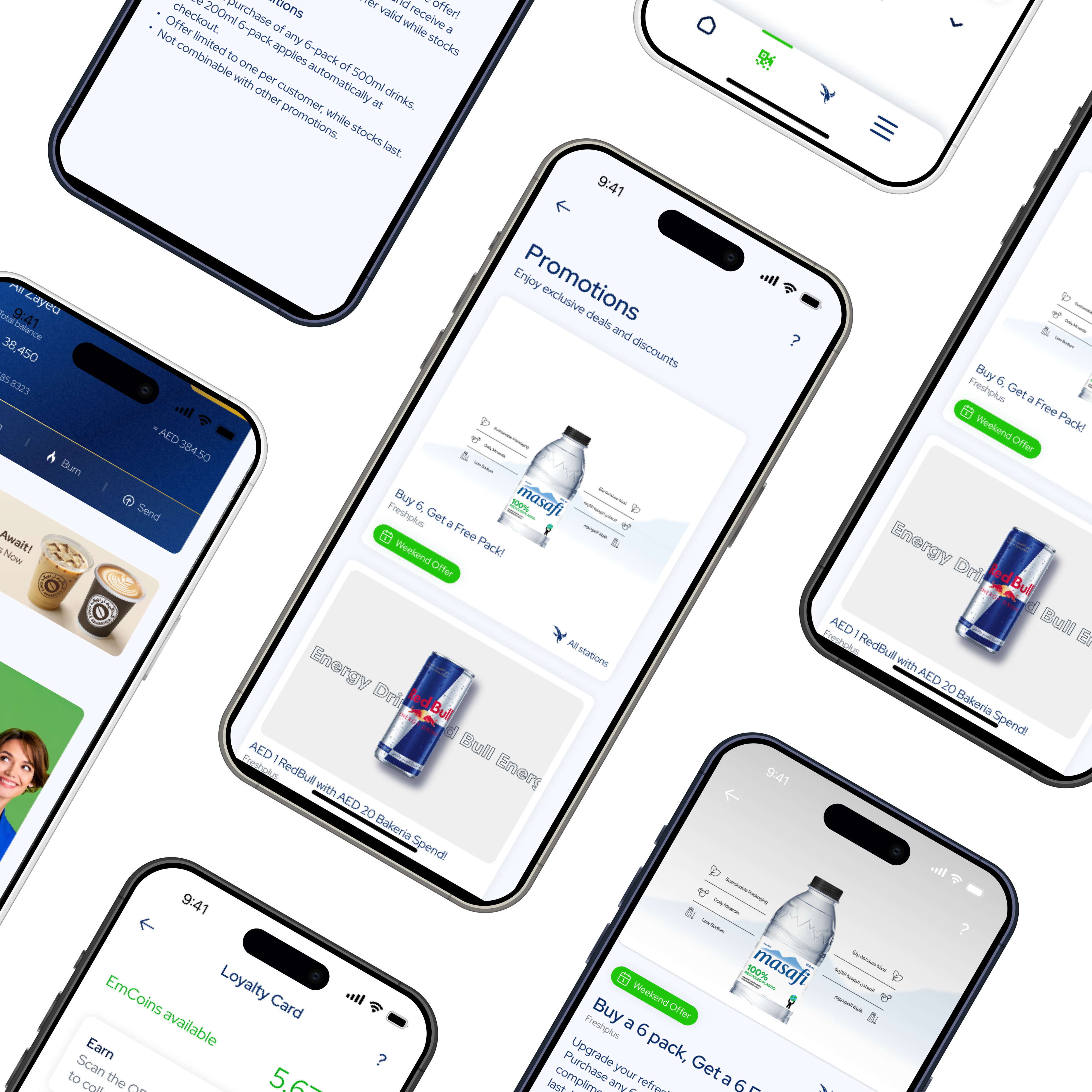 EmCan loyalty app — key screens across promotions, car wash, coffee, and partnerships