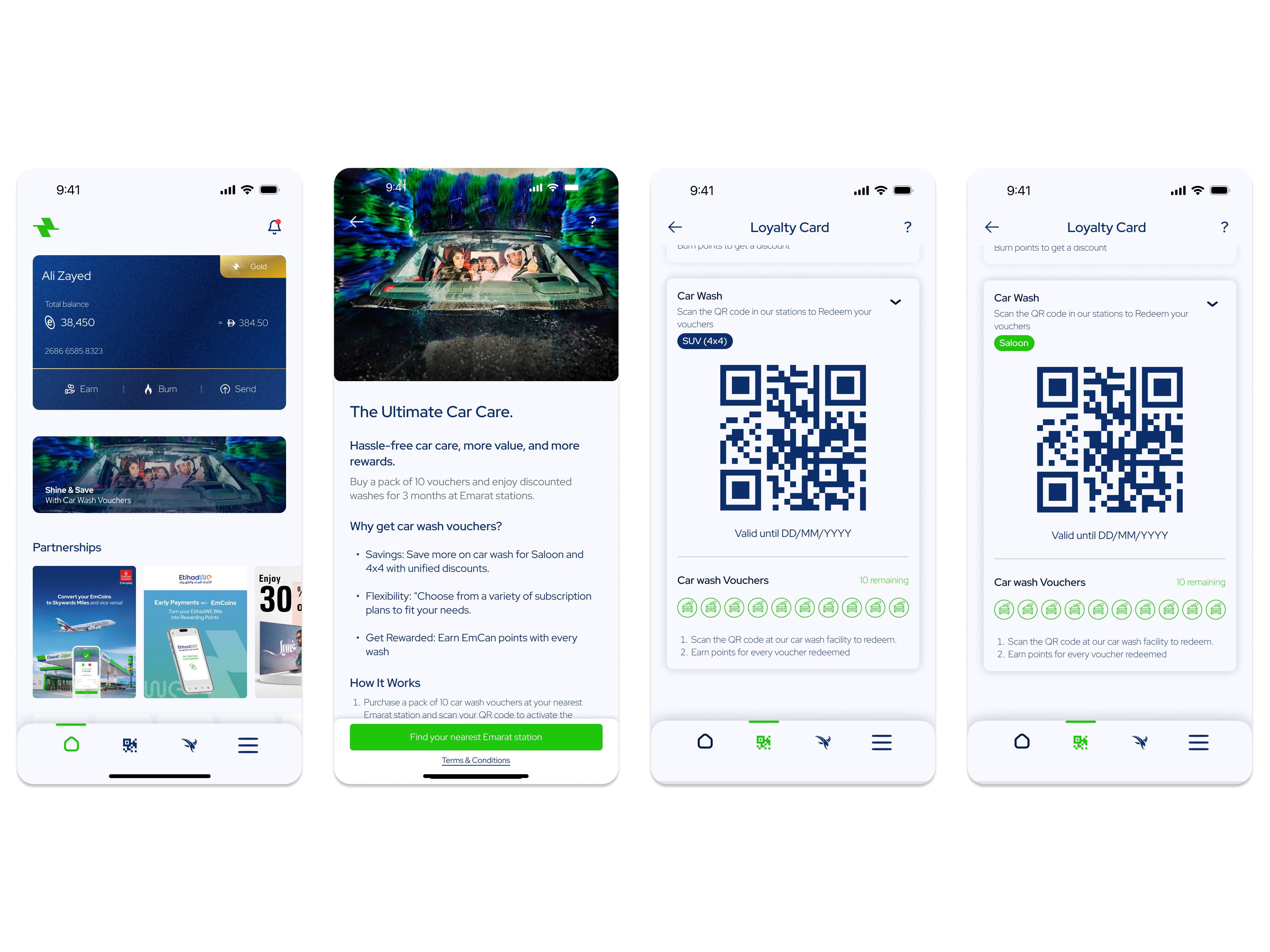 Digital car wash package — purchase tracking, redemption flow, and remaining wash count